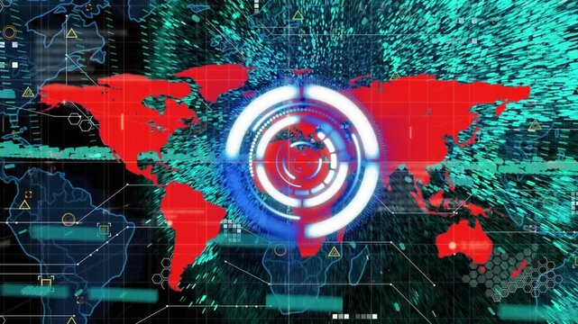 Animation of scope scanning over world map and data processing