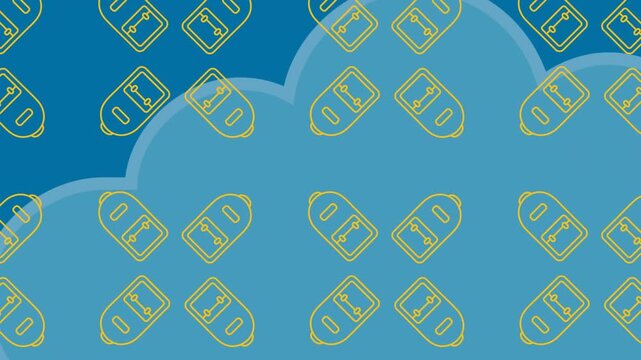 Animation of backpack icons over clouds on blue background