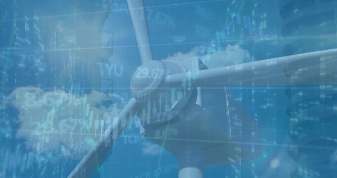 Animation of trading board and falling bars over close-up of spinning windmill against sky