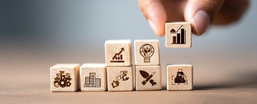 A hand places a block with a chart icon atop a pyramid of blocks, each with various symbolic illustrations. It's on a soft-focus background