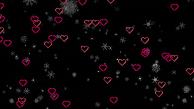 Animation of multiple red heart icons floating and snowflakes falling against black background