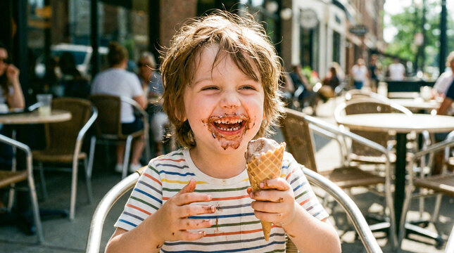 Ni&ntilde;o sonriente con la cara manchada disfrutando de un helado de cono en una plaza europea al atardecer. La luz c&aacute;lida resalta su alegr&iacute;a en un entorno urbano hist&oacute;rico y vibrante.
