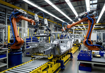 Fototapeta premium Automated industrial robotic arm assembly line working on a car chassis in a modern manufacturing factory production plant