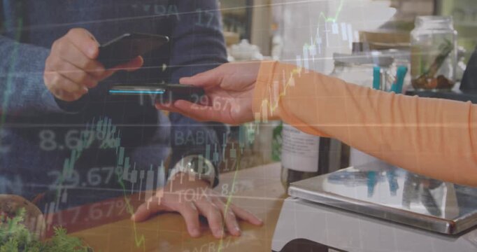 Animation of financial data processing over mid section of a man using smartphone on make a payment
