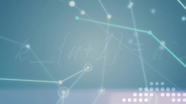 Animation of connected icons with lines over mathematical equation on abstract background