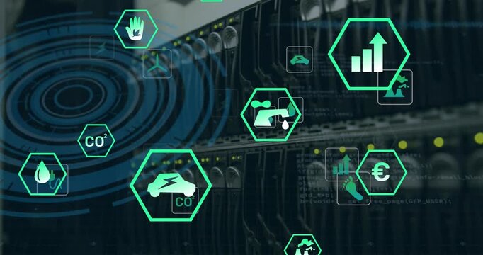 Animation of data processing and ecology icons over server room