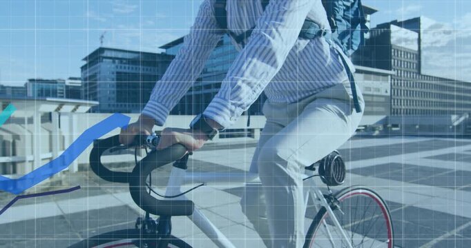 Animation of financial data processing with lines over businessman on bike