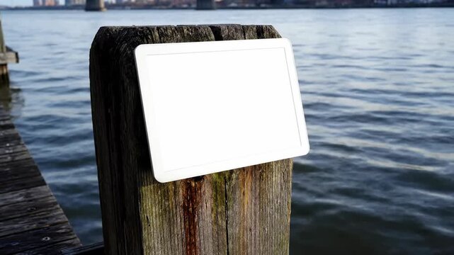 White Digital Tablet with Blank Screen on Weathered Wooden Post by the Water