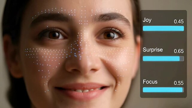 AI Facial Recognition Technology Analyzing Human Emotions and Focus Levels.