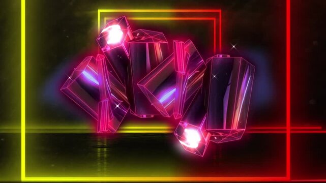 Animtion of pink crystal shapes and neon sqaure shapes in seamless pattern on black background