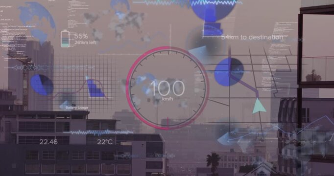 Animation of speedometer interface and data processing against aerial view of cityscape