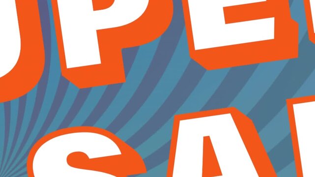 Animation of super sale text over sunburst pattern against blue background