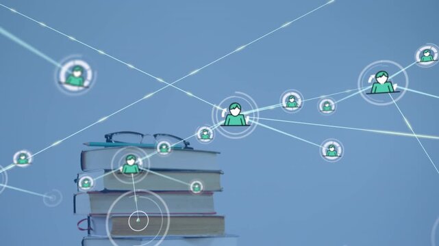 Animation of network of profile icons against close up of glasses on stack of books