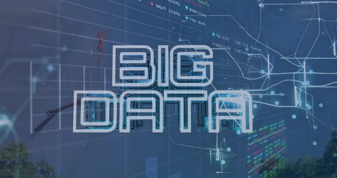 Animation of financial data and graphs over machines on junkyard