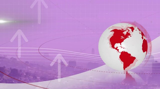 Animation of rotating globe and up arrows over aerial view of fog covered modern city against sky