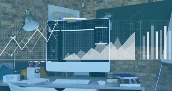 Animation of graphs, loading bars and map over programming language in computer on desk in office