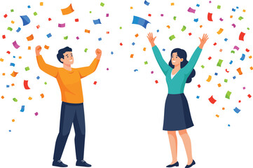 Fototapeta premium Happy couple celebrating with confetti flat vector illustration for success event and party design