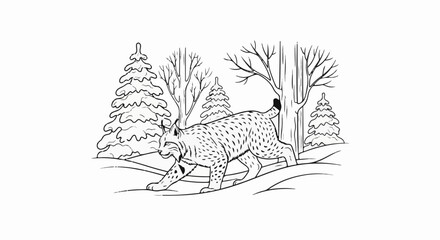 Fototapeta premium A spotted wildcat walks through a snowy winter forest landscape
