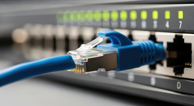 A blue ethernet cable connected to a network switch
