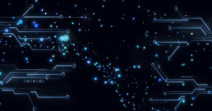 Animation of computer circuit board over light spots on black background