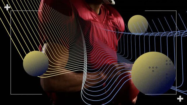 Football player in red jersey with abstract lines and spheres animation overlay