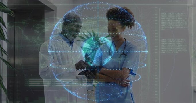 Male doctor tapping tablet and guiding holographic medical model and nurse examining plant icon