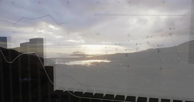 Coastal view showing HUD with black 3D bar chart, curved line graph with nodes, grid markers
