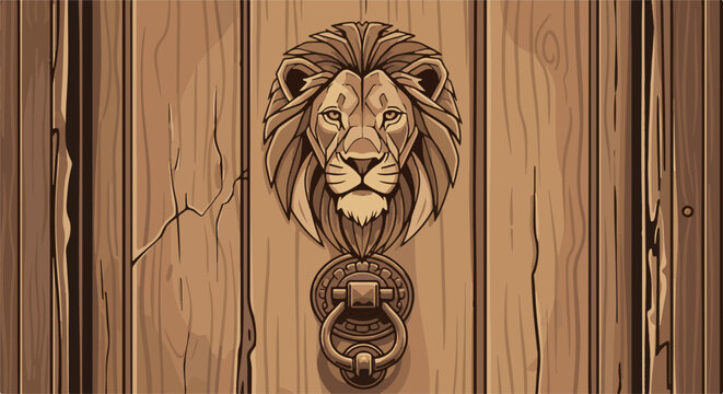 A pixel art lion knocker adorns a rustic wooden door with visible grain and cracks