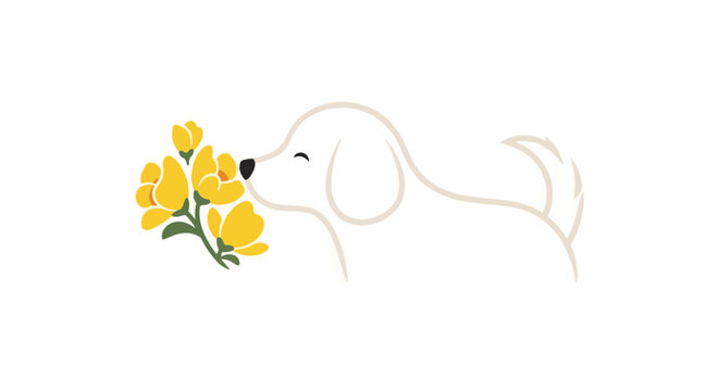 A simple illustration of a white dog smelling yellow flowers