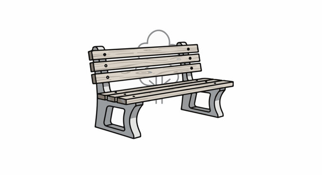 A simple cartoon drawing of a wooden park bench with gray legs