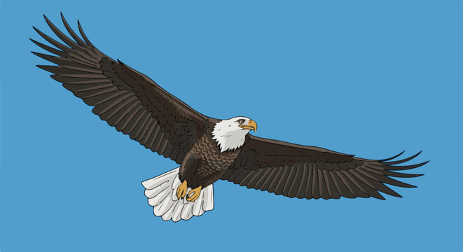 A pixelated bald eagle soars against a clear blue sky