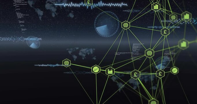 Stars appearing, neon network pulsing nodes, lighting links while radar sweeping, monitoring