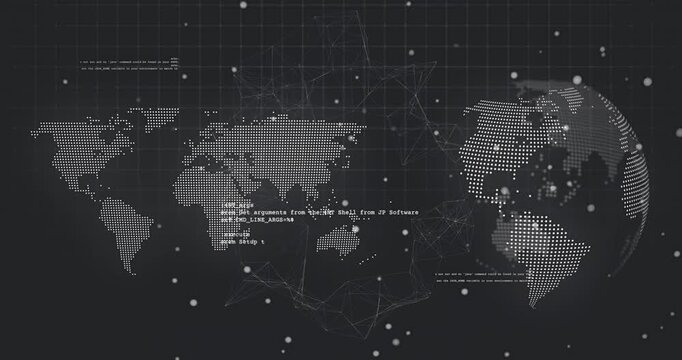Vertical video: Dot map and rotating globe with drifting dots driving code, nodes pulsing for tech