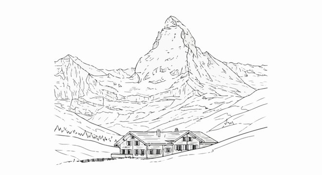 A sketch of a majestic mountain peak with a chalet nestled at its base