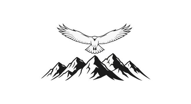 A majestic eagle soars above a rugged mountain range, rendered in a bold, graphic style