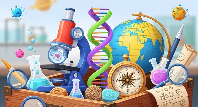 STEM education concept. Wooden crate filled with science equipment icons including microscope, telescope, globe and DNA. Color and black and white outline vector illustration.