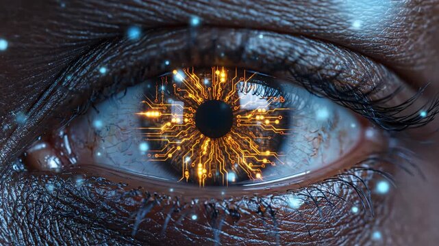 Human eye with digital circuit pattern for tech concepts, digital marketing, and futuristic projects