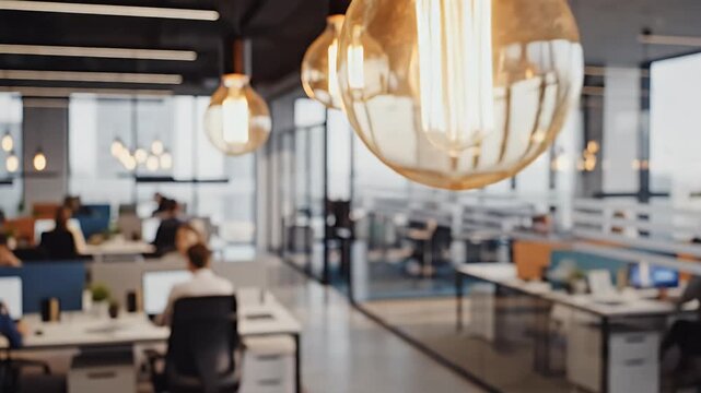 A blurred view of a modern, open-plan office space featuring Edison-style light bulbs and rows of desks, suggesting a collaborative and innovative work environment.