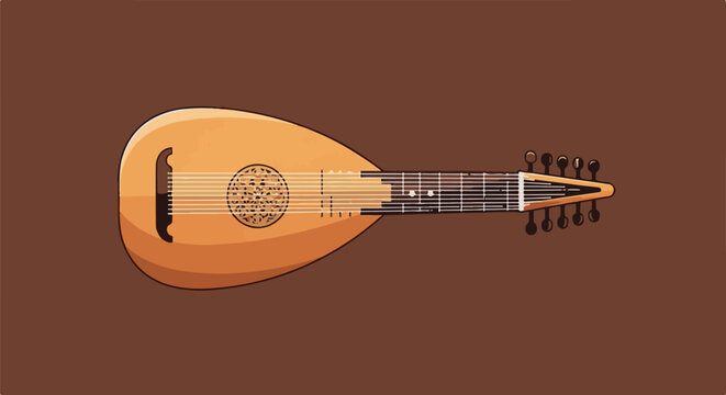 A lute, an ancient stringed musical instrument, rests against a brown background