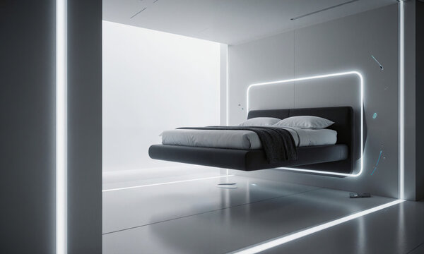 Bedroom bed levitation in minimalist futuristic interior with neon lights and high tech decor for modern sci-fi home
