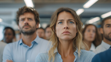 Fototapeta premium A multicultural group of office workers stands in a hallway staring at a printed AI announcement on a bulletin board, expressions ranging from fear to resignation, fluorescent light overhead, ideal 