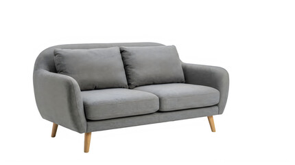 Fototapeta premium Gray upholstered twoseater sofa with wooden legs and cushions on white background transparent background