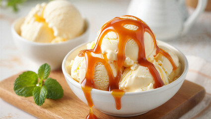 Creamy vanilla ice cream scoops drizzled with rich caramel sauce and fresh mint in a white bowl