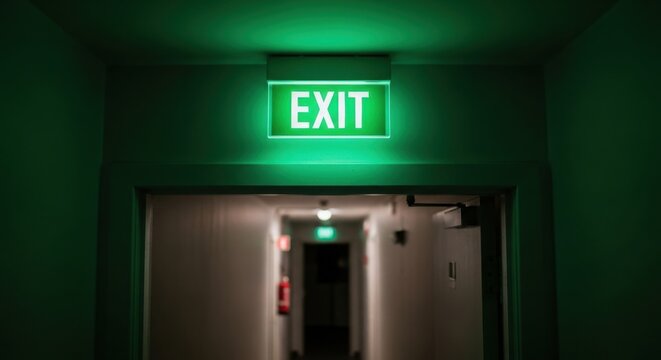 Green exit sign in a dark hallway with emergency lighting