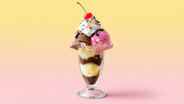 Triple scoop ice cream sundae with toppings and cherry on gradient background, whipped cream
