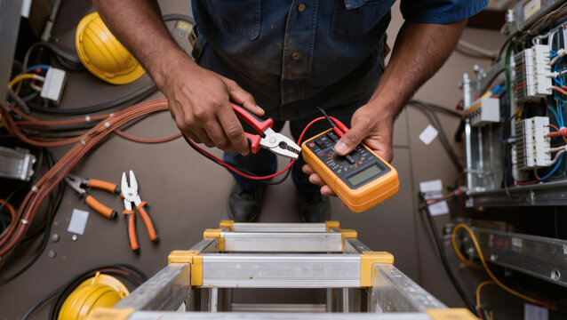 A technician holds a yellow multimeter.
​He uses red pliers for testing.
​The view is from directly above.
​A silver ladder stands below him.
​Two yellow hardhats lie on floor.
​Many tangled cables 