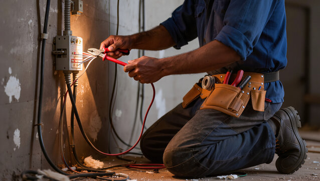 A technician kneels on the floor.
​He uses red pliers for wiring.
​The man wears a blue shirt.
​A leather toolbelt holds various items.
​He works on a wall-mounted box.
​The workspace is clean