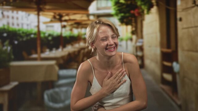 Woman laughing with hand on chest at street cafe terrace, pointing and clutching stomach amid outdoor tables and umbrellas; joy gratitude warmth.