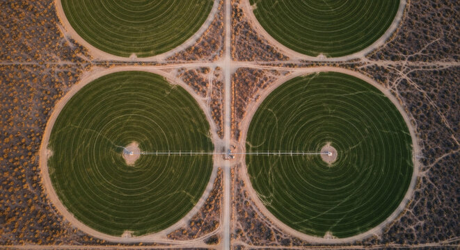 Aerial view of circular irrigation fields in agricultural landscape  