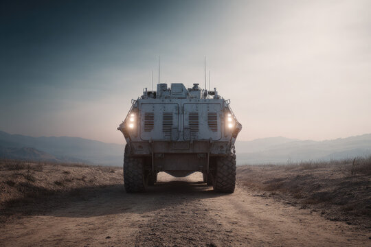 Heavy Armored Transport Truck from Behind on Rural Dirt Road with Wide Landscape